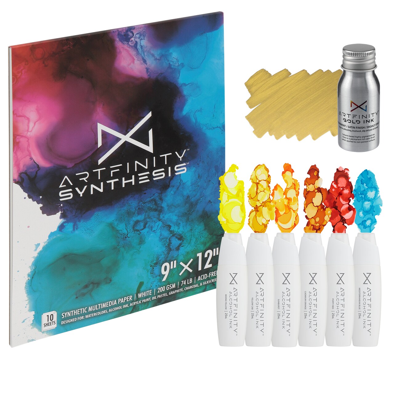 Artfinity Alcohol Ink - Fire Set, 8 Pieces | 10 Sheets 9x12" Multimedia Paper | Fast-Drying, Permanent, Transparent Alcohol Inks for Gloss Paper, Glass, Metal | 25 ml Bottles